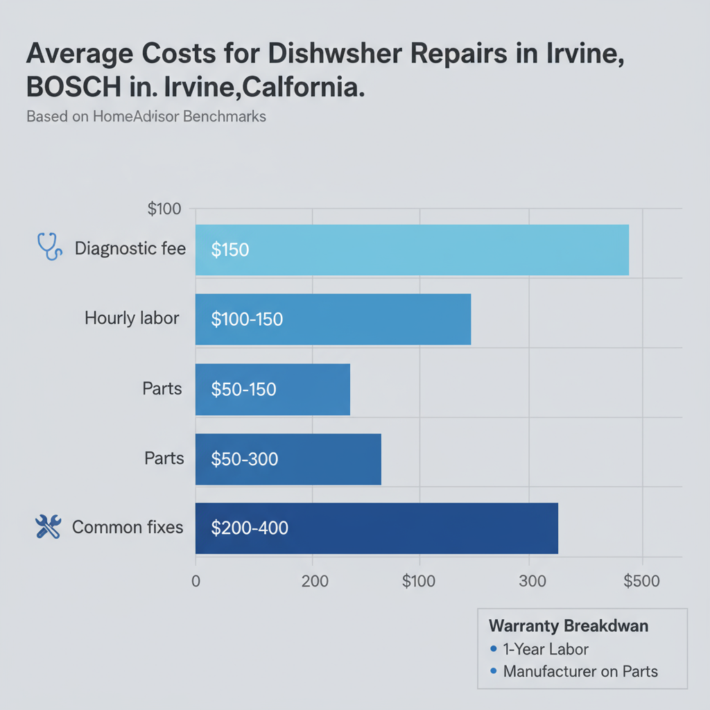 Bar chart showing average Bosch dishwasher repair costs in Irvine including diagnostics, labor, parts, and common fixes
