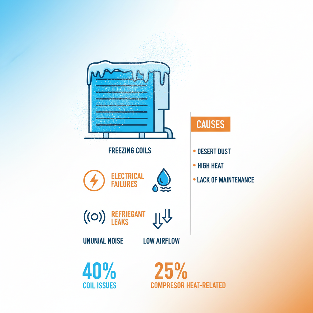Infographic depicting common air conditioner issues in Irvine, featuring AC unit diagram with freezing coils, HVAC failures, diagnostic signs, causes like desert dust, and statistics on call percentages.