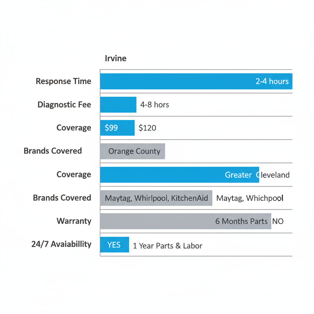 Horizontal bar chart comparing Maytag repair aspects like response time and fees between Irvine and Cleveland