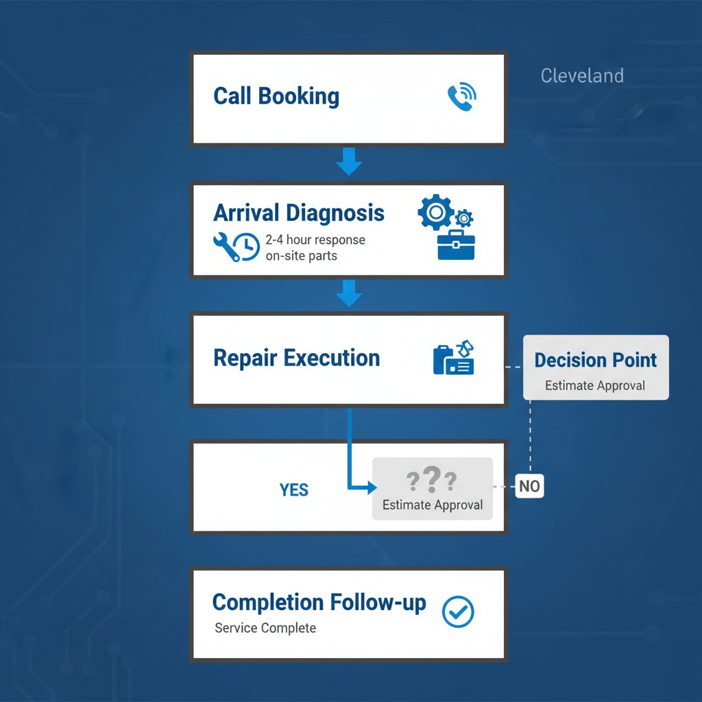 Vertical process flow diagram illustrating five stages of appliance repair service including booking, diagnosis, repair, decision, and follow-up