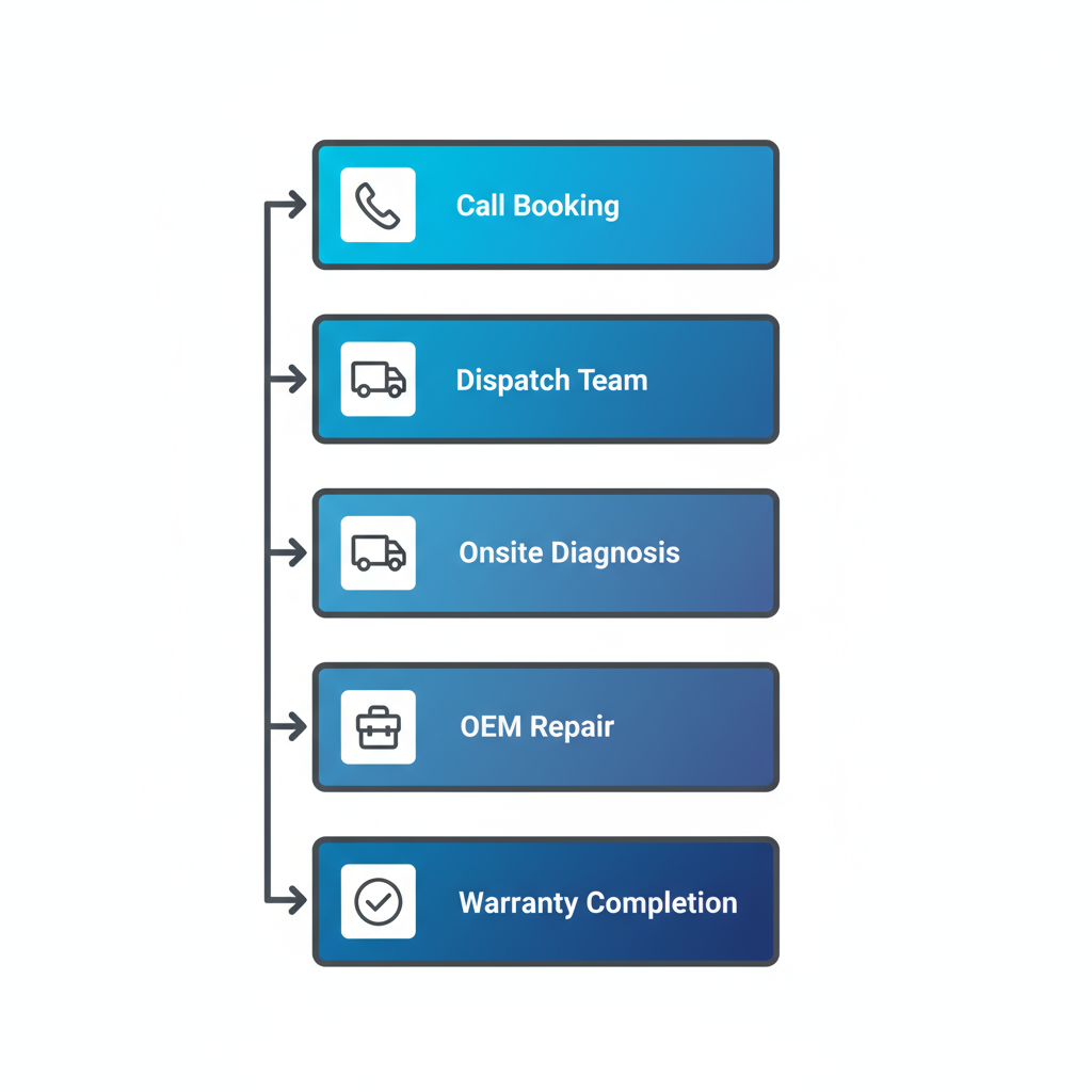 Vertical process flow diagram illustrating the steps for Maytag appliance repair availability in Irvine, including booking, dispatch, diagnosis, repair, and completion.