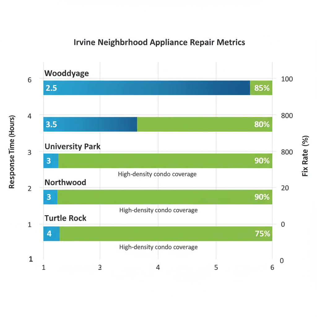 Bar chart visualizing response times and fix rates for appliance repairs in Irvine neighborhoods