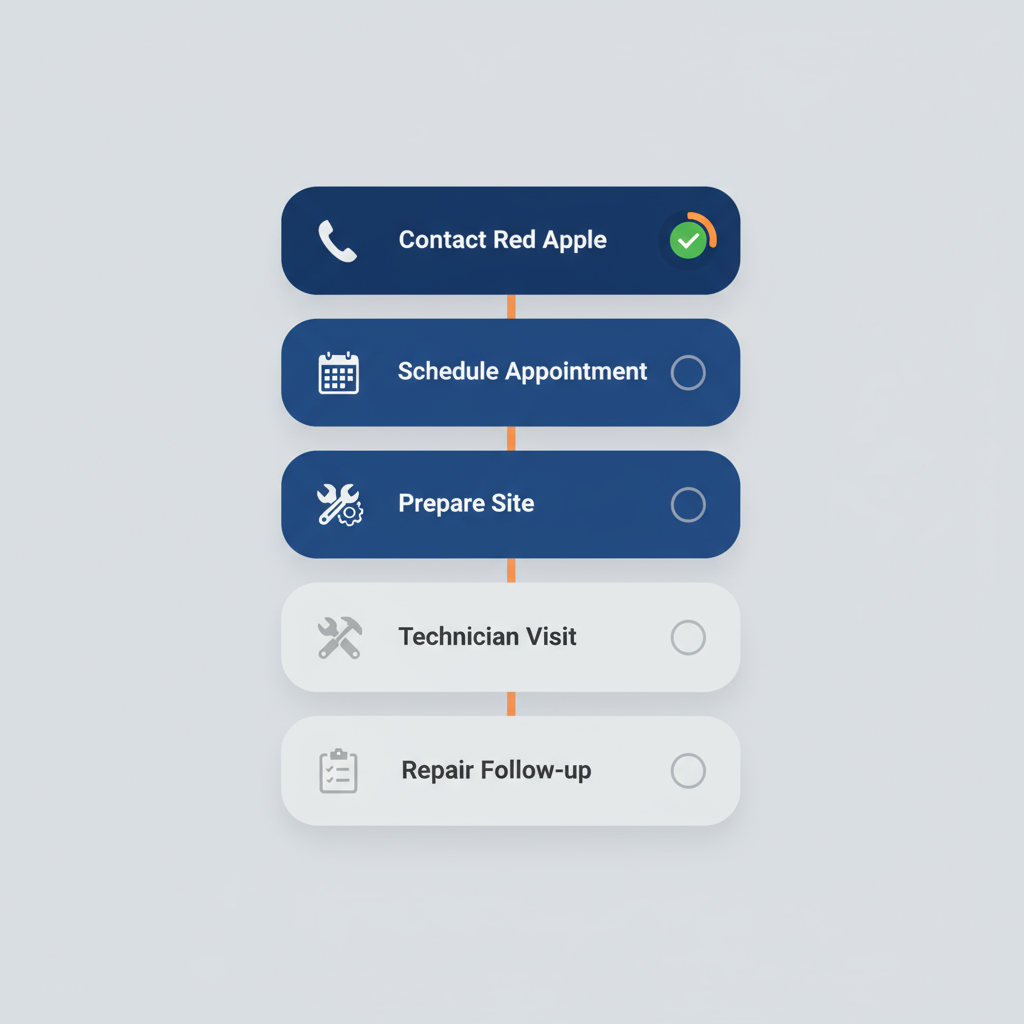 Vertical process flow diagram showing five steps to start appliance repair service: contact, schedule, prepare, visit, and repair.
