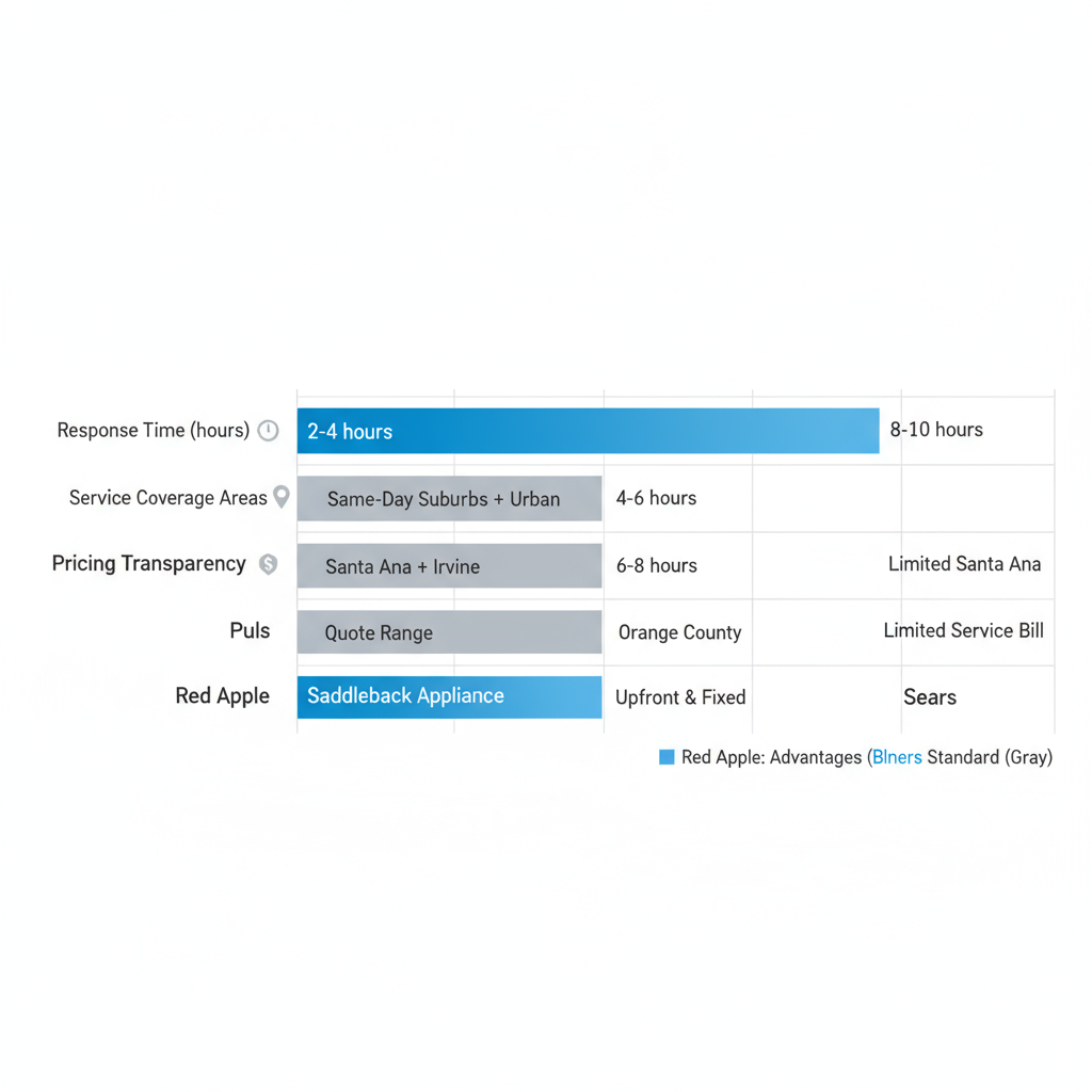 Bar chart comparing refrigerator repair services by response time, coverage, and pricing in Santa Ana