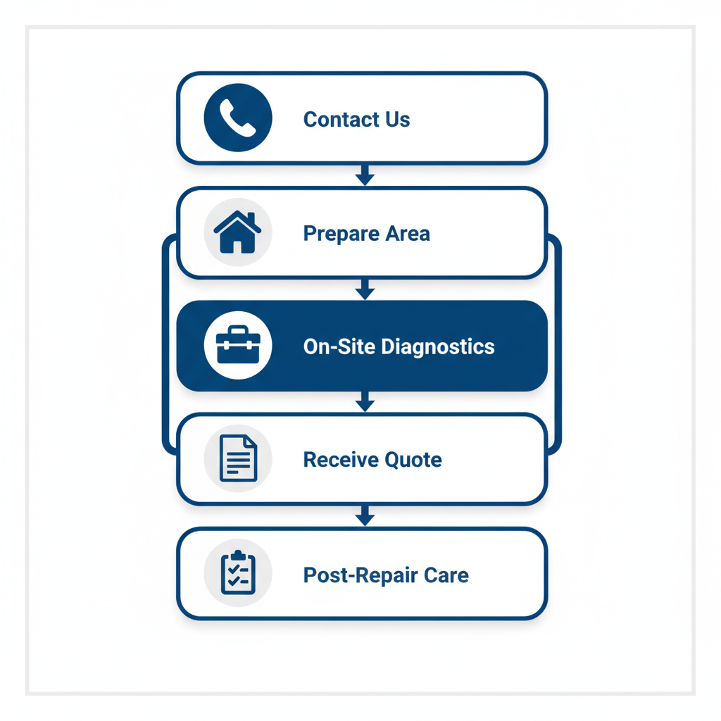 Vertical process flow diagram showing five steps for appliance repair service in Cleveland