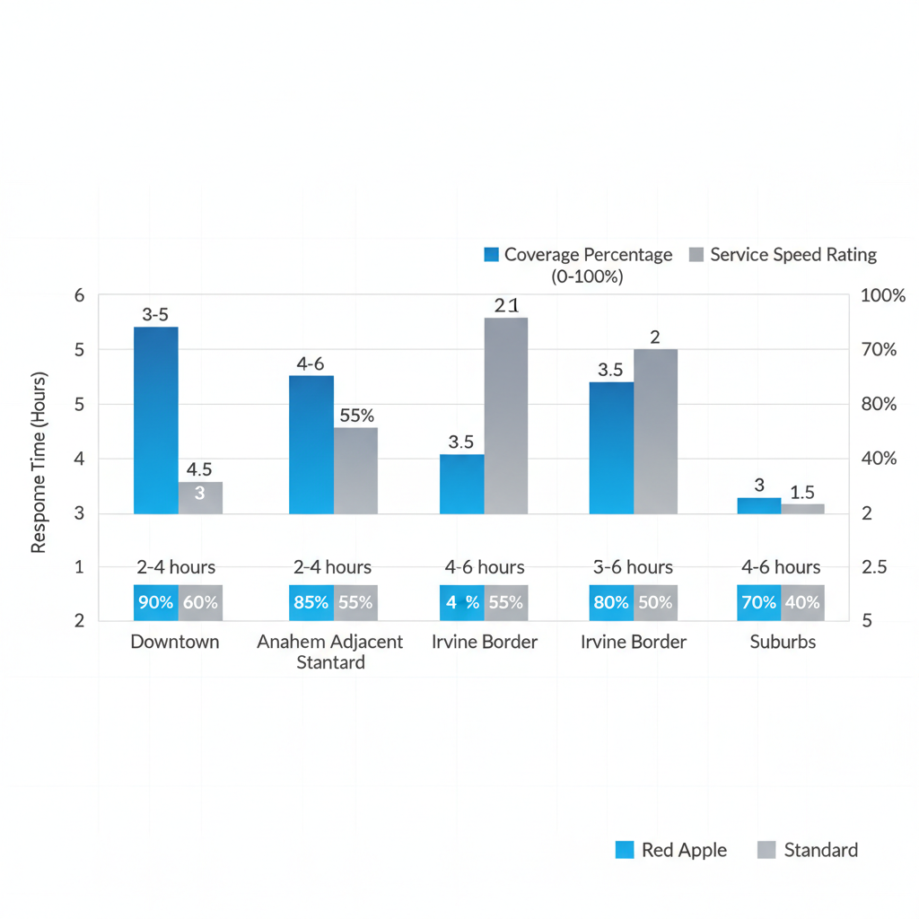 Bar chart comparing Red Apple appliance repair metrics including response times, coverage percentages, and service ratings across Santa Ana neighborhoods versus competitors