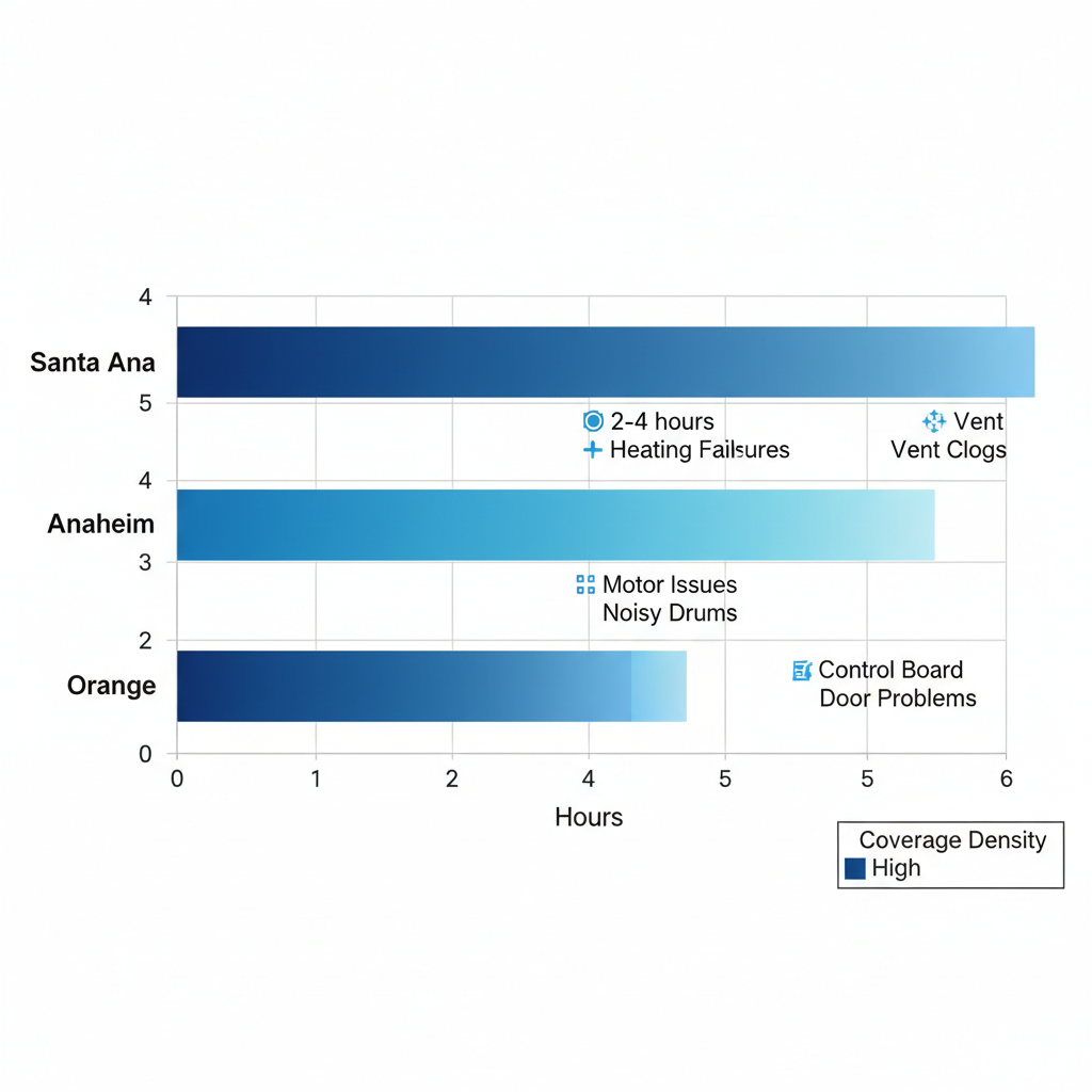 Horizontal bar chart comparing dryer repair response times in Santa Ana, Anaheim, and Orange areas