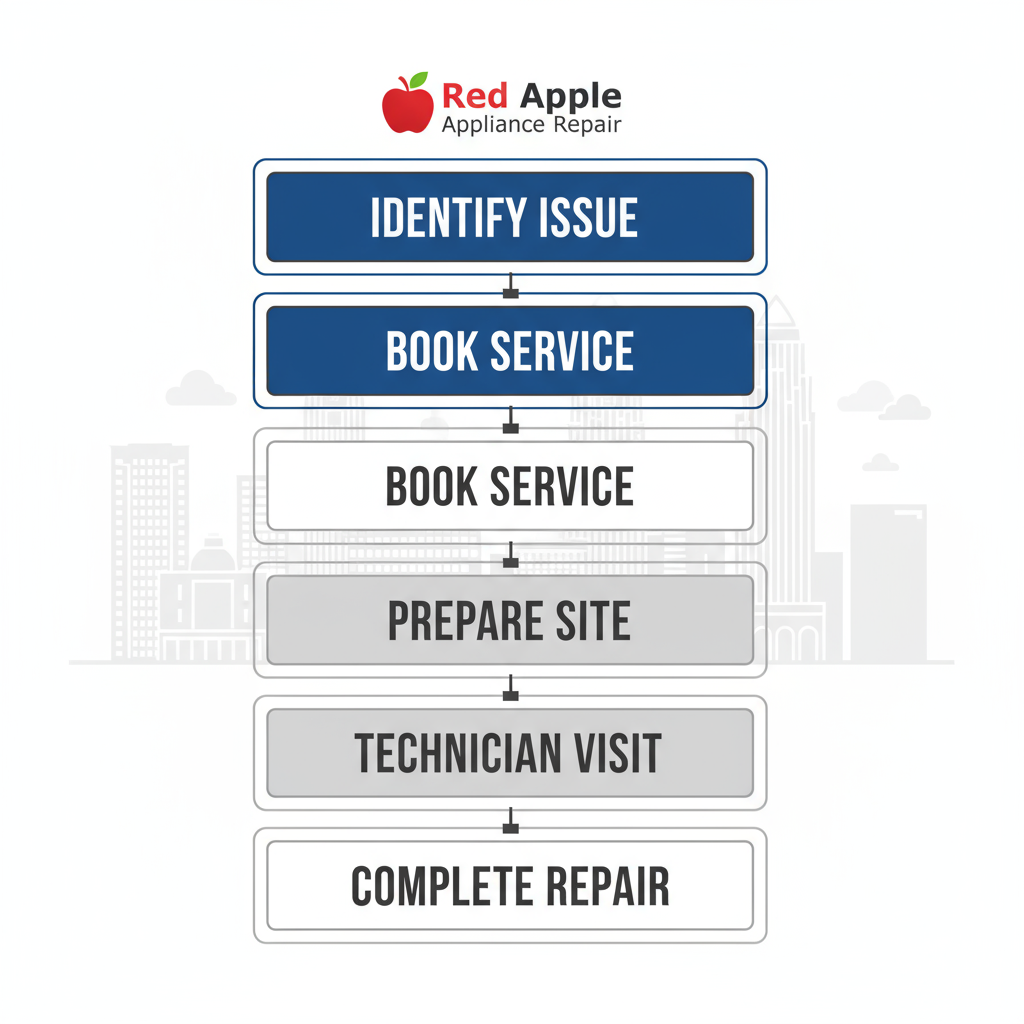 Vertical process flow diagram showing five steps for initiating appliance repair service with Red Apple in Cleveland