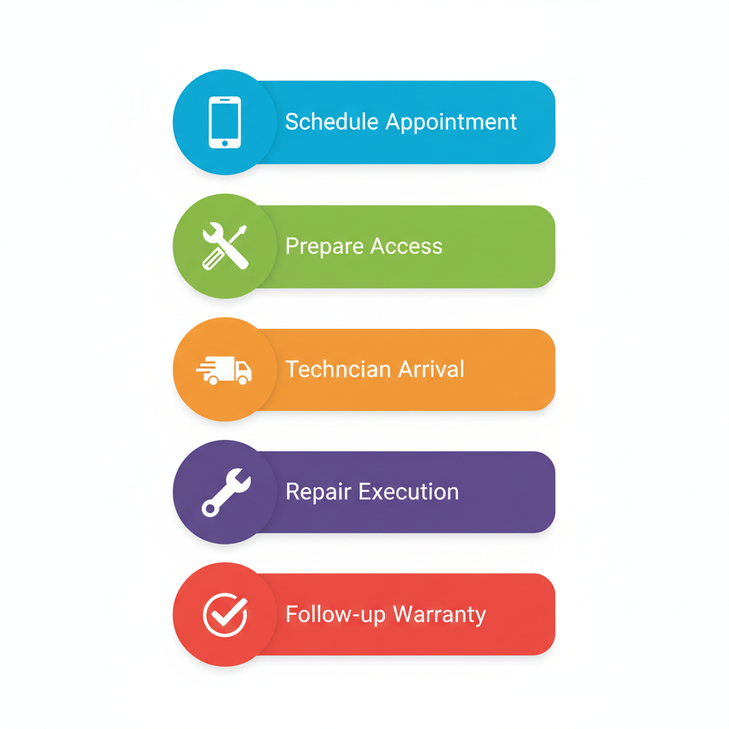 Vertical process flow diagram showing five steps for initiating dryer repair service