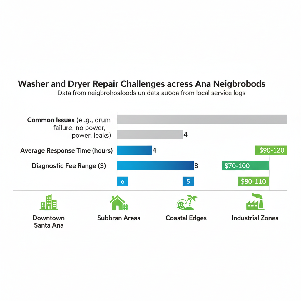 Bar chart comparing washer and dryer repair metrics across Santa Ana neighborhoods including response times and fees