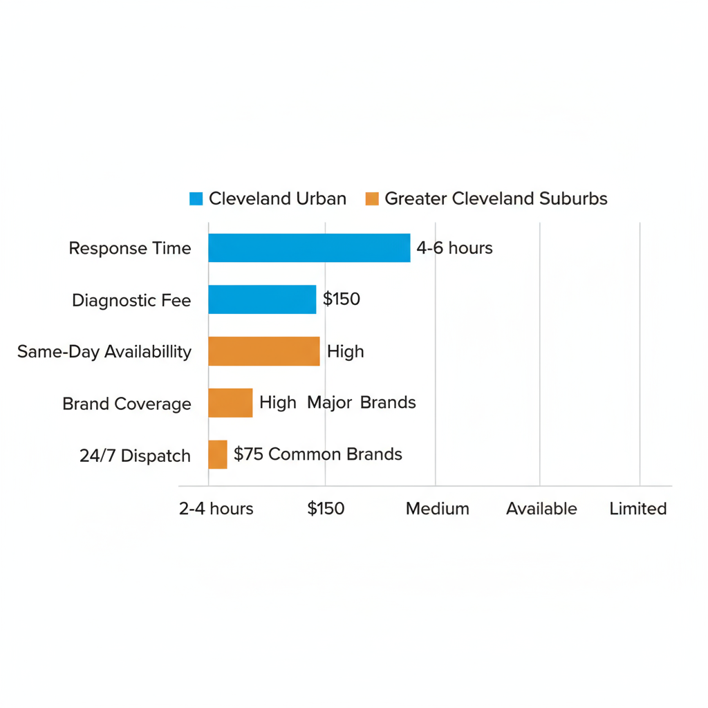 Horizontal bar chart comparing key oven repair service aspects between Cleveland urban areas and suburbs, highlighting response times, fees, and availability.
