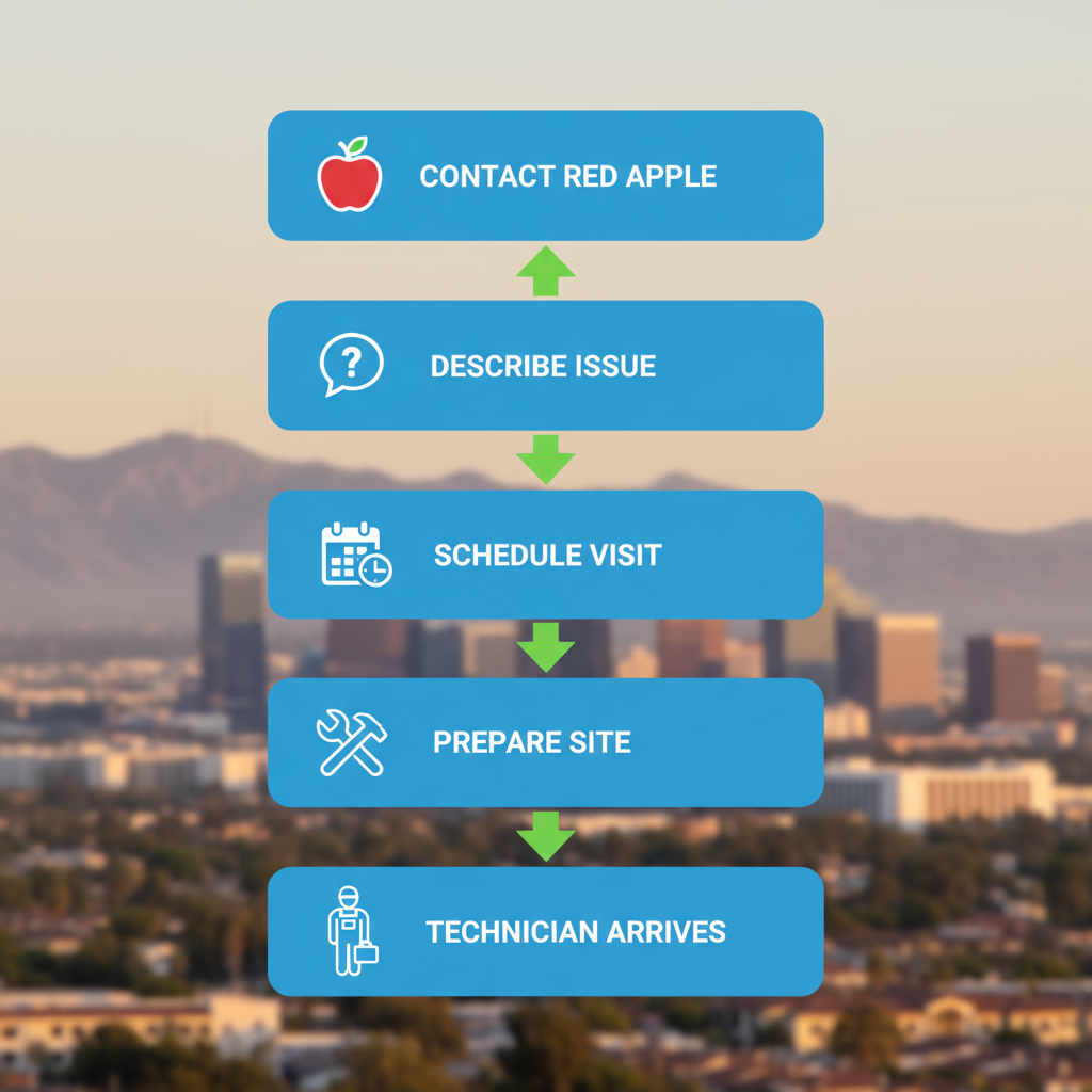 Vertical step-by-step diagram illustrating the process to book washer and dryer repair service in Santa Ana