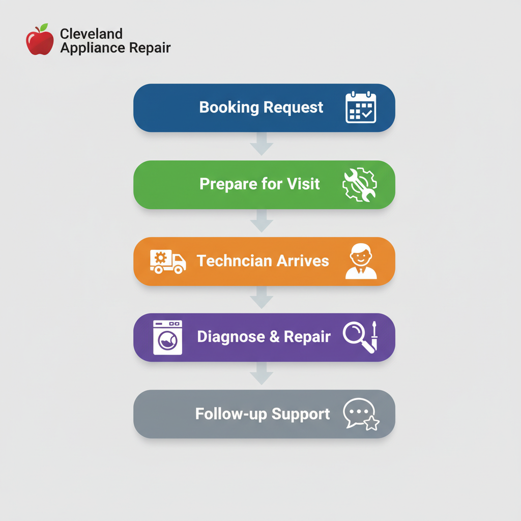 Vertical process flow diagram illustrating the steps for initiating Viking appliance repairs with Red Apple in Cleveland