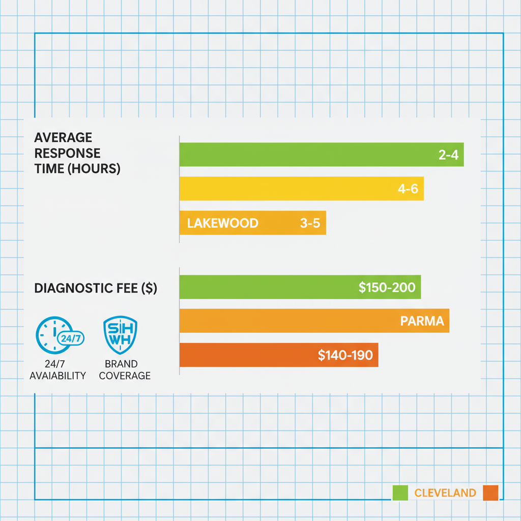 Bar chart showing response times and diagnostic fees for appliance repair in Cleveland metropolitan areas