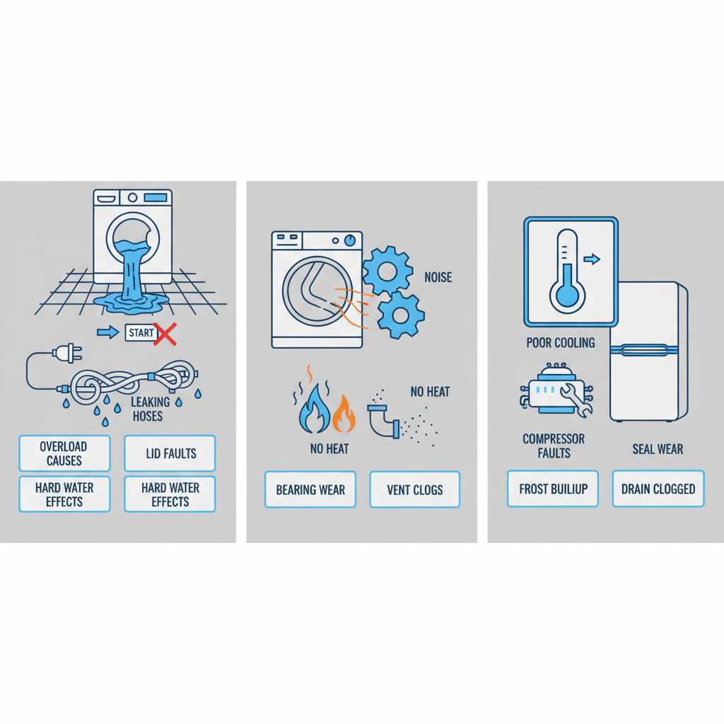 Infographic depicting common issues in Maytag washers, dryers, and refrigerators in Santa Ana with icons and brief causes