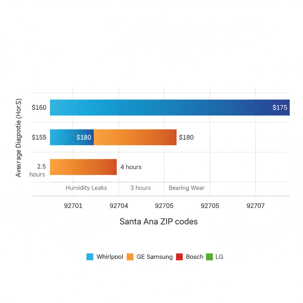 Bar chart comparing appliance repair costs and response times across Santa Ana ZIP codes