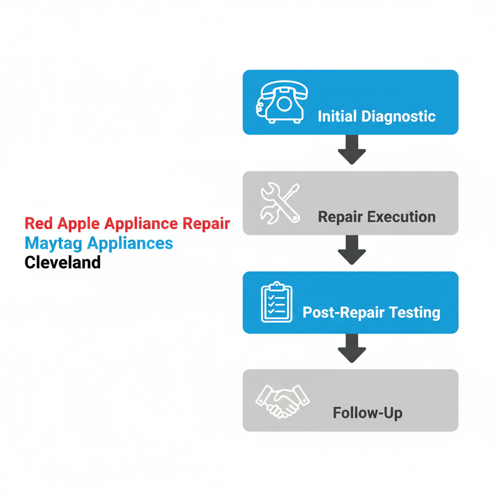 Vertical flowchart illustrating the four-step appliance repair process with icons and minimal labels