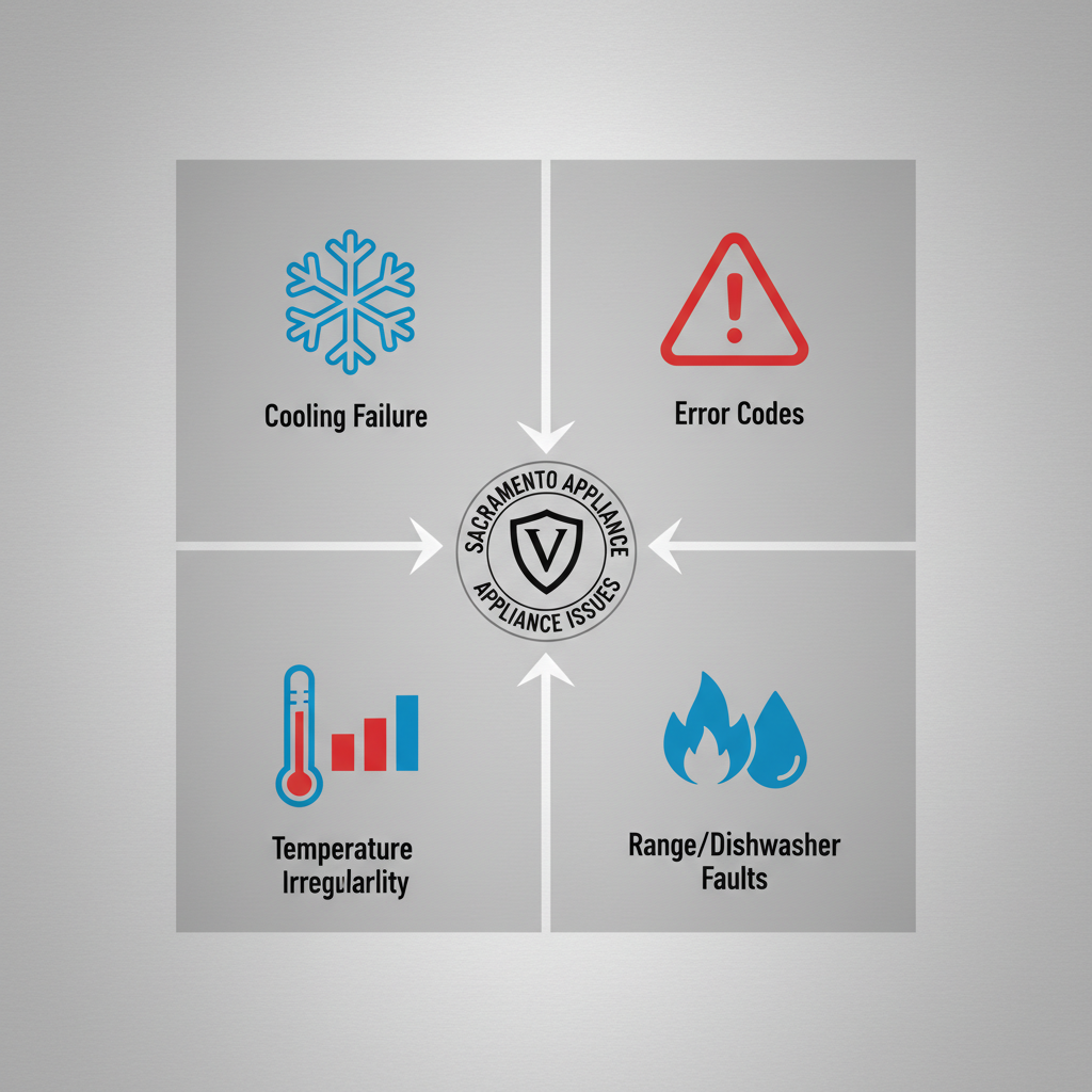 Infographic illustrating common Viking appliance problems in Sacramento with icons for cooling, compressor, temperature, and range faults