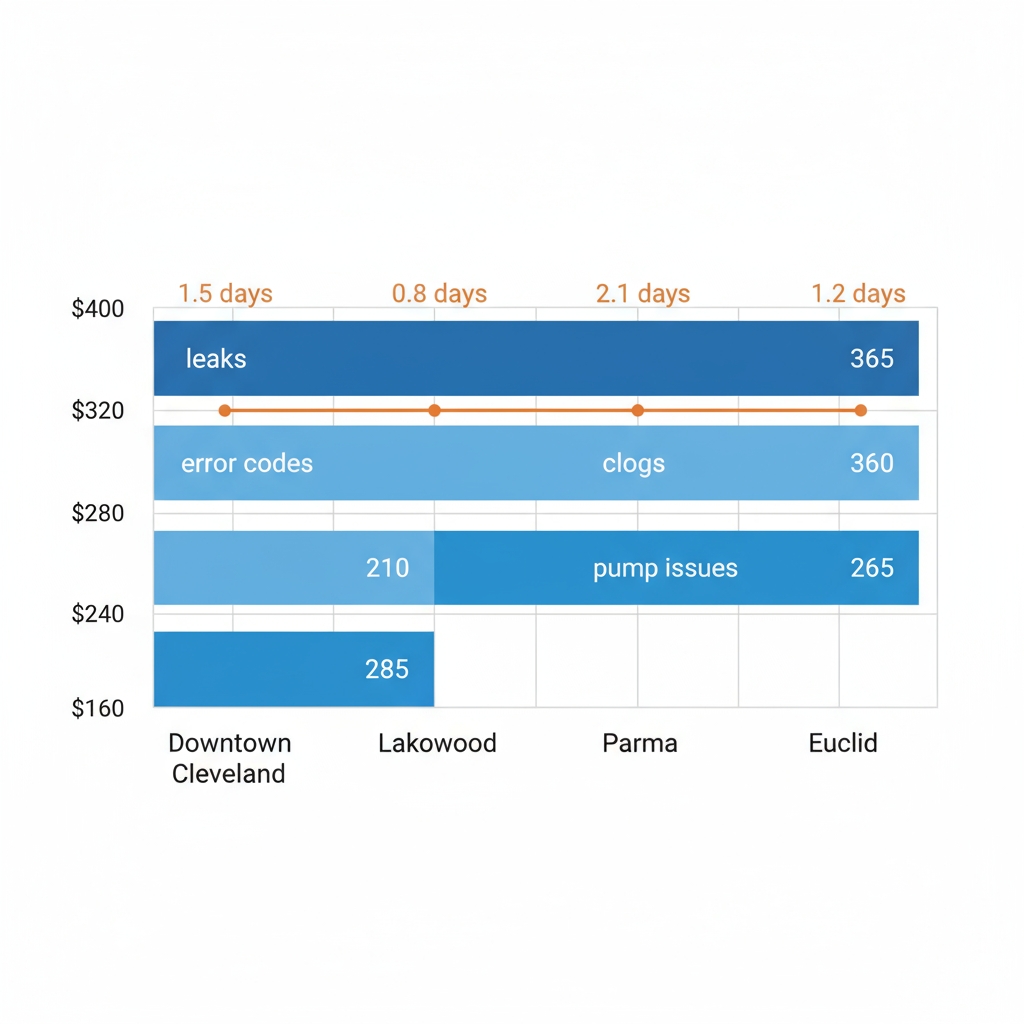 Horizontal bar chart of dishwasher repair costs and response times in Cleveland neighborhoods including Downtown, Lakewood, Parma, and Euclid