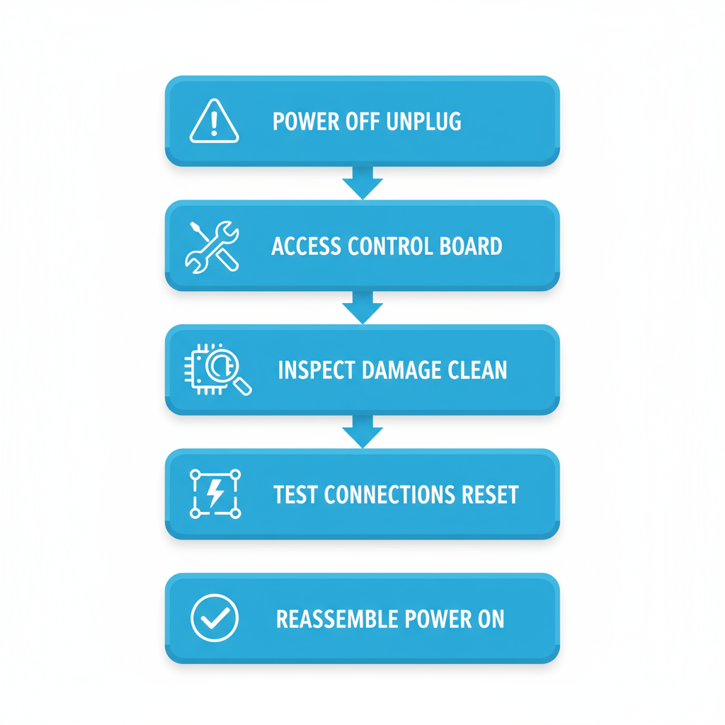 Vertical process flow diagram for troubleshooting Viking oven control boards with five steps and icons