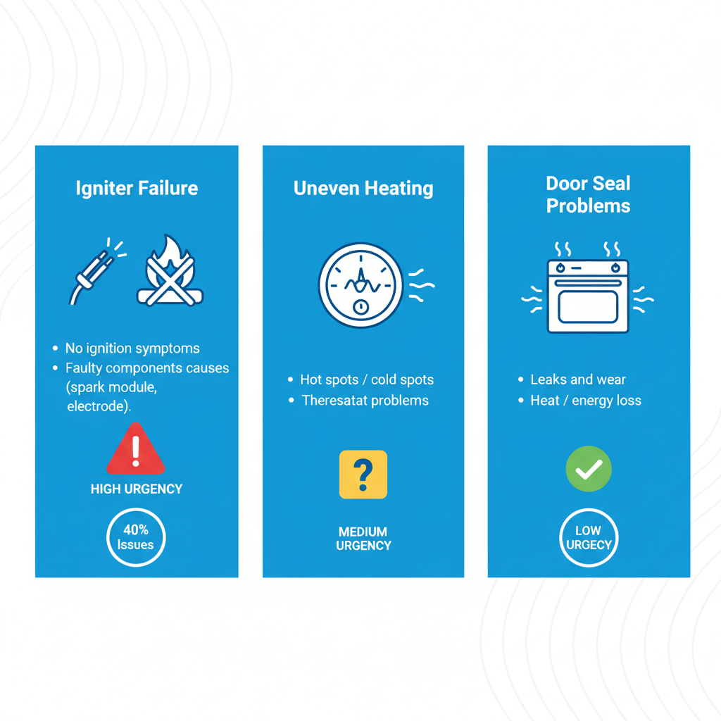 Infographic showing common Viking oven issues including igniter failure, uneven heating, and door seal problems with urgency indicators and statistics