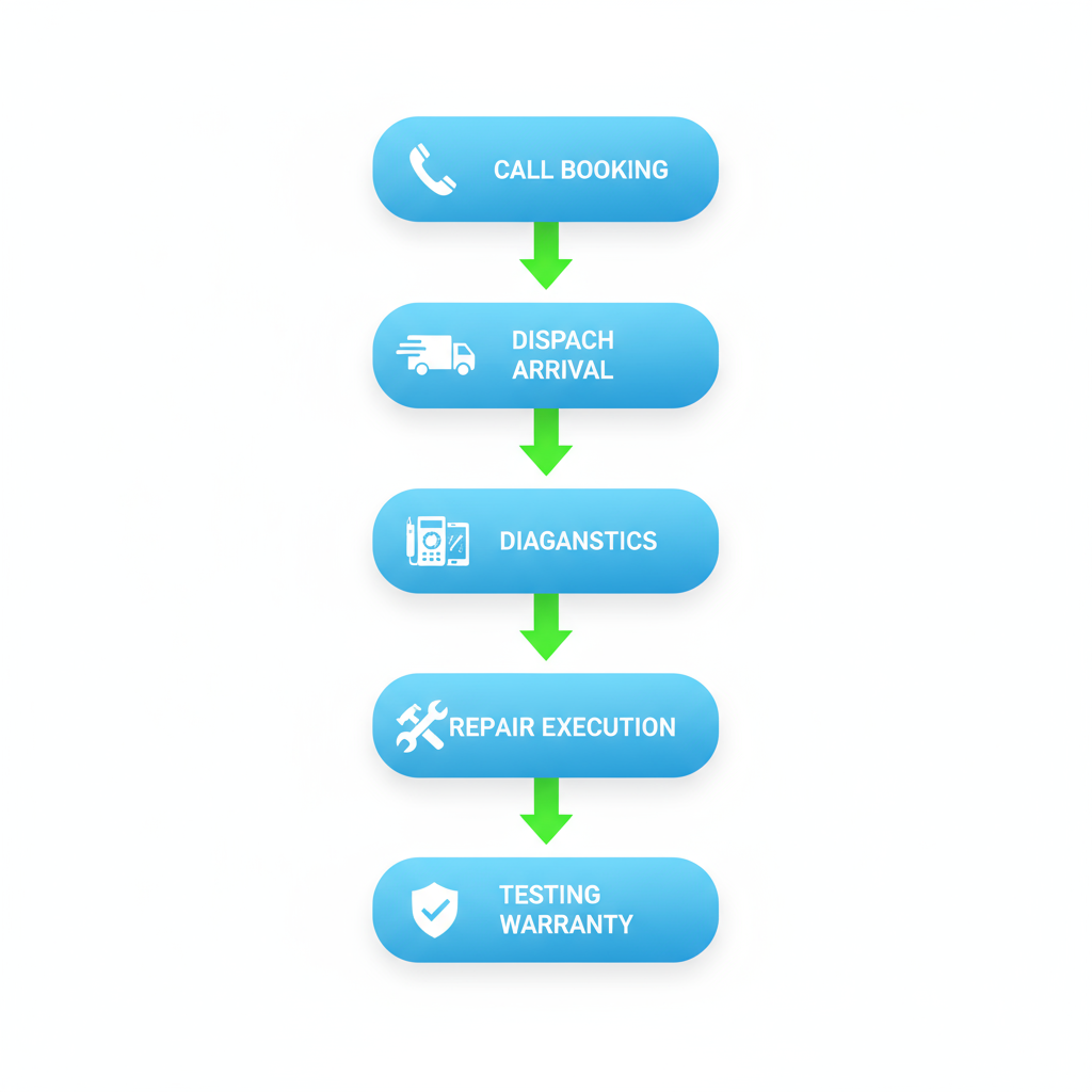 Vertical flowchart illustrating five steps in Viking refrigerator repair process from booking to warranty testing