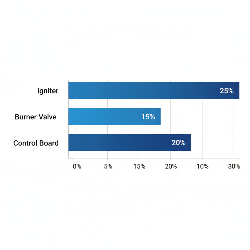 Horizontal bar chart depicting failure rates of key Viking range components including igniter at 25%, burner valve at 15%, thermostat at 20%, and control board at 10%