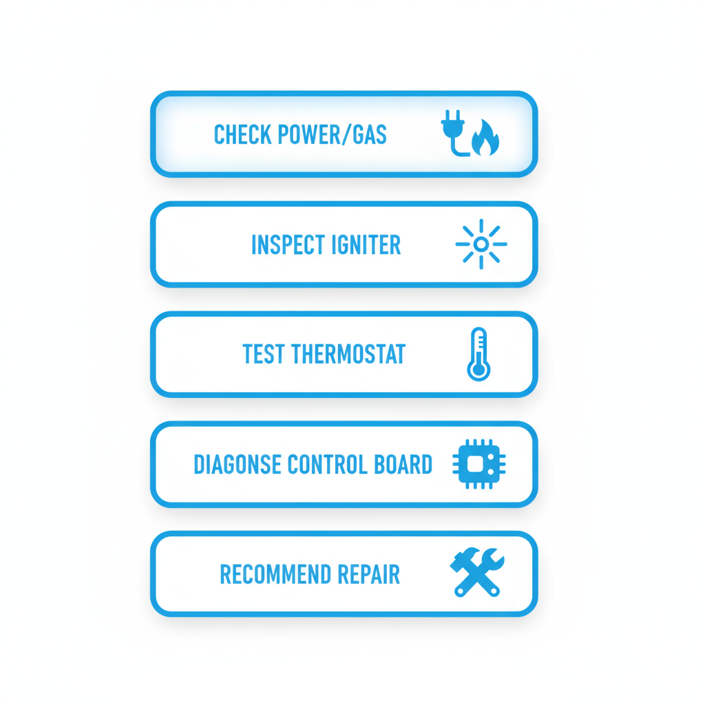 Vertical process flow diagram illustrating five key steps in Viking range troubleshooting and diagnostics