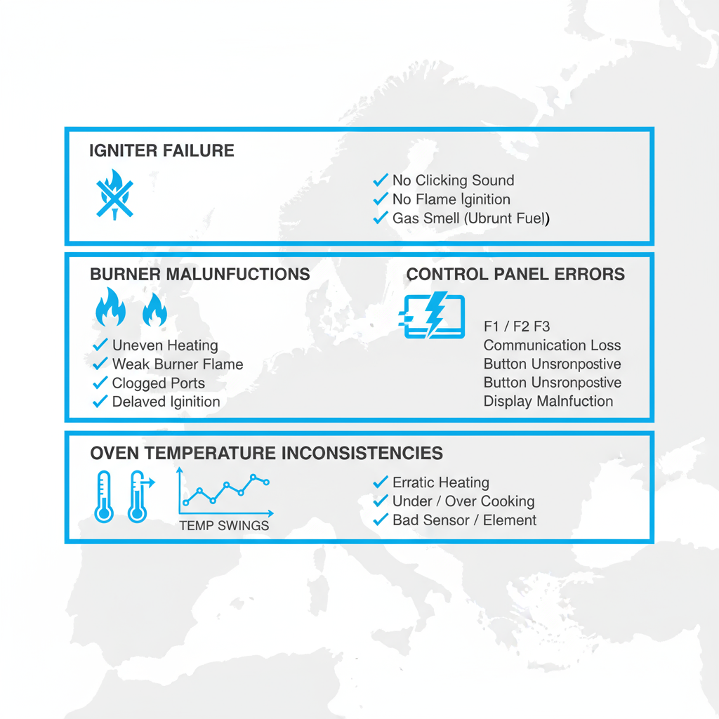 Infographic showing four common issues in Viking ranges: igniter failure, burner malfunctions, control panel errors, and oven temperature inconsistencies