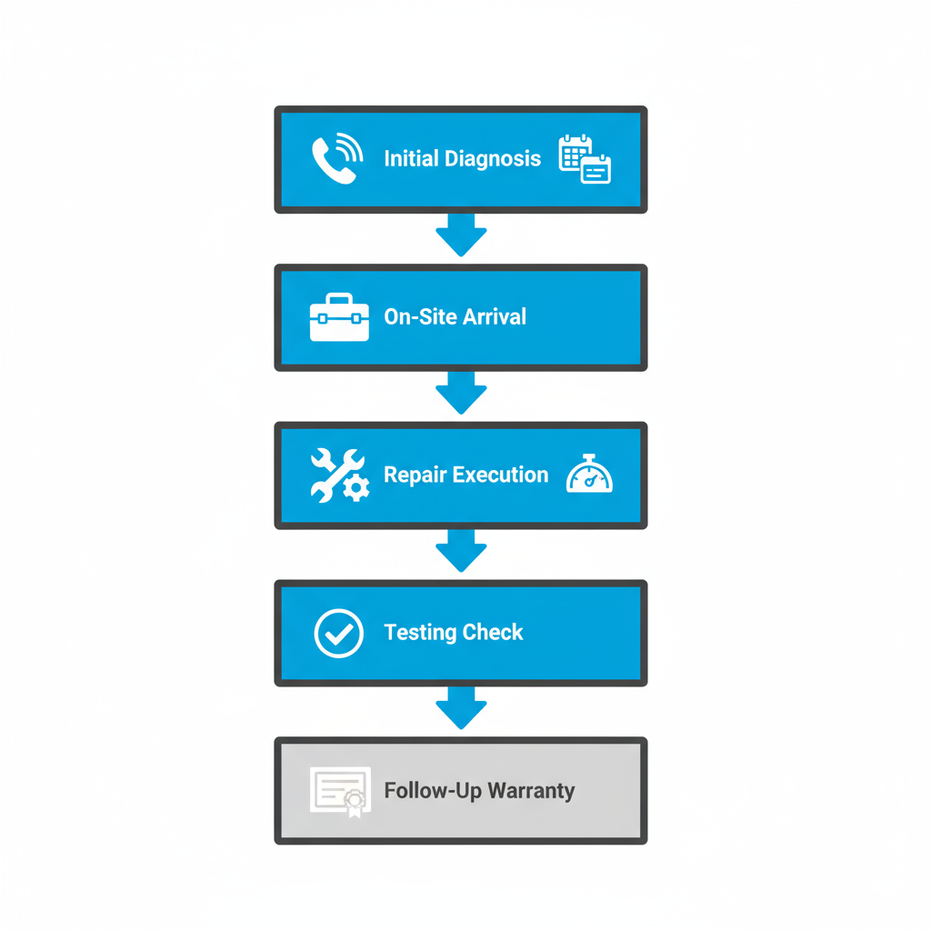 Vertical flowchart depicting five-step Viking range repair process with icons for diagnosis, inspection, repair, testing, and follow-up.