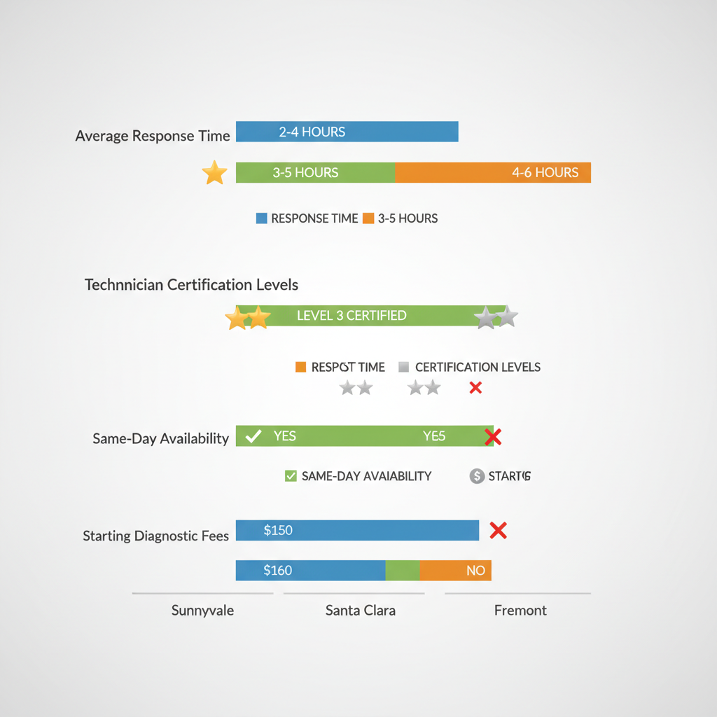 Bar chart comparing Viking repair response times, certifications, availability, and fees in Sunnyvale, Santa Clara, and Fremont