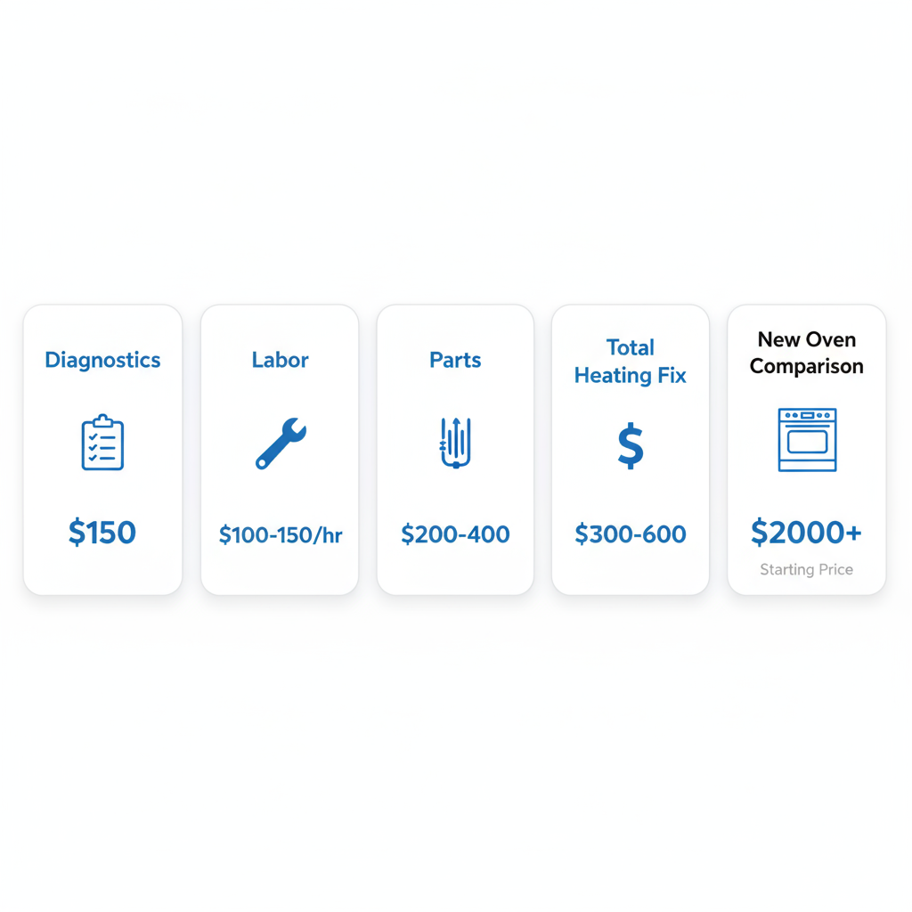 Infographic breaking down Viking oven repair costs with icons for diagnostics, labor, parts, total, and new oven comparison