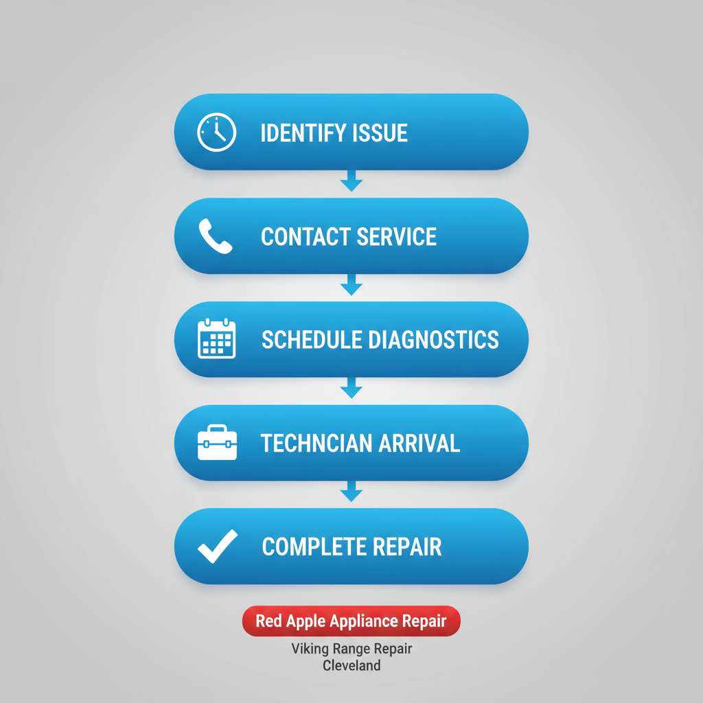Vertical process flow diagram showing five steps for initiating Viking range repair service with icons and labels