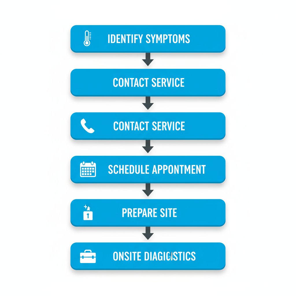 Vertical process flow diagram showing five steps for initiating Viking refrigerator repair service