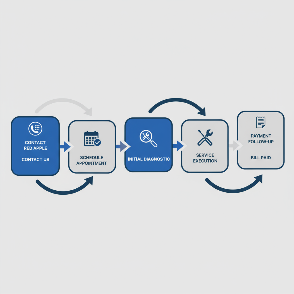 Horizontal process flow diagram showing five steps to book Viking appliance repairs in Torrance