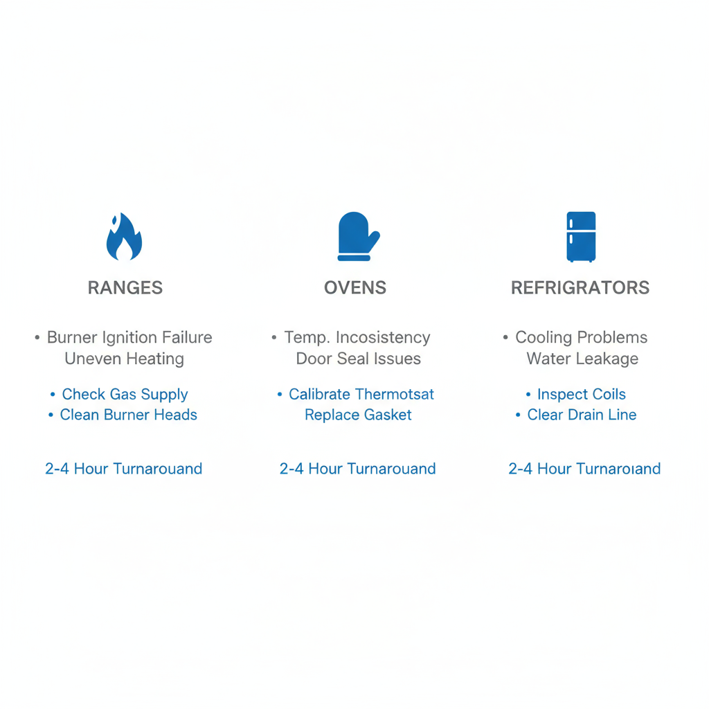 Infographic showing common Viking appliance issues and repair steps for ranges, ovens, and refrigerators with icons and turnaround times