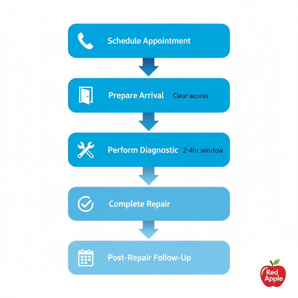 Vertical process flow diagram showing five stages of Viking appliance repair scheduling and service in Roseville with icons and brief labels