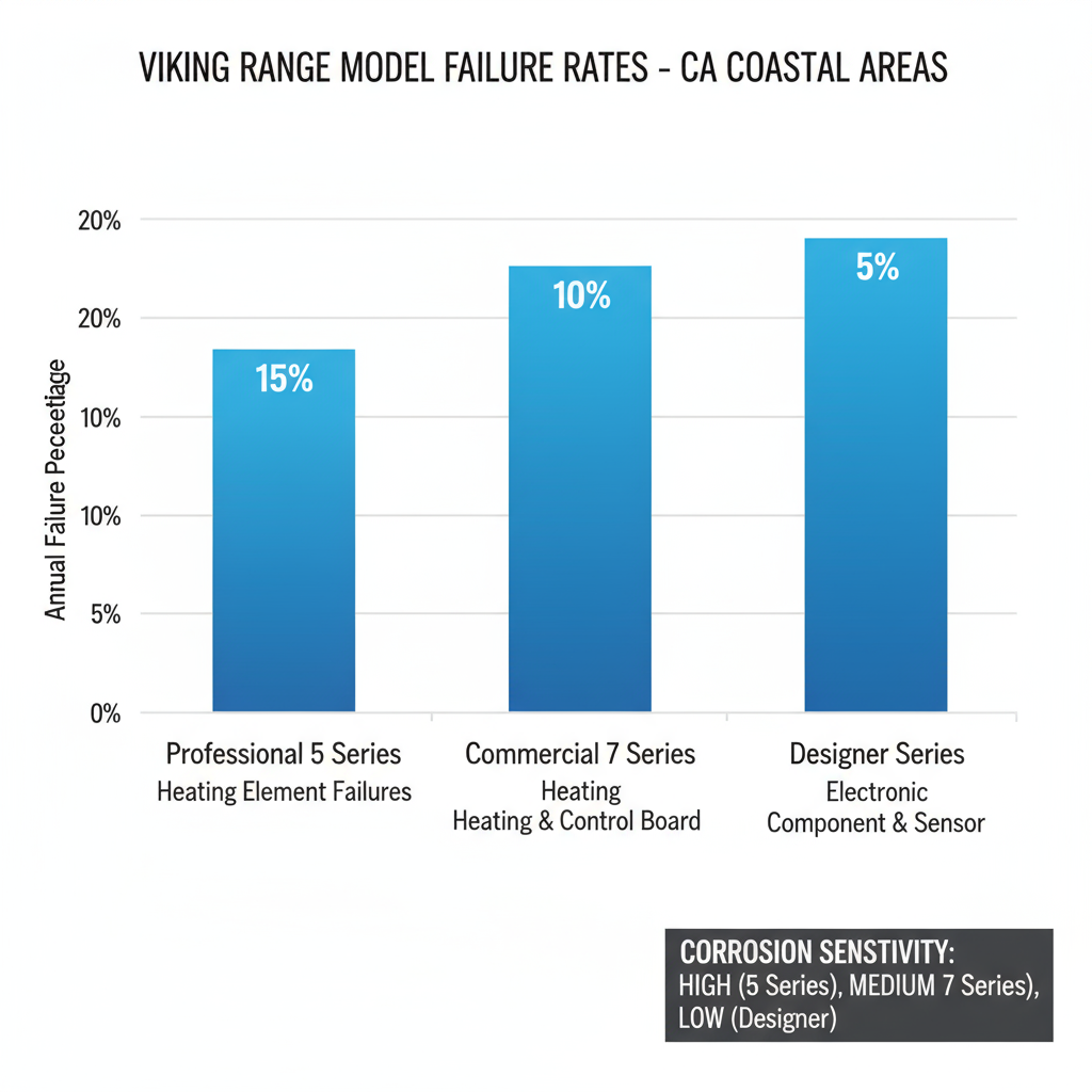 Bar chart comparing failure rates of three Viking range models in coastal climates with percentages and element labels