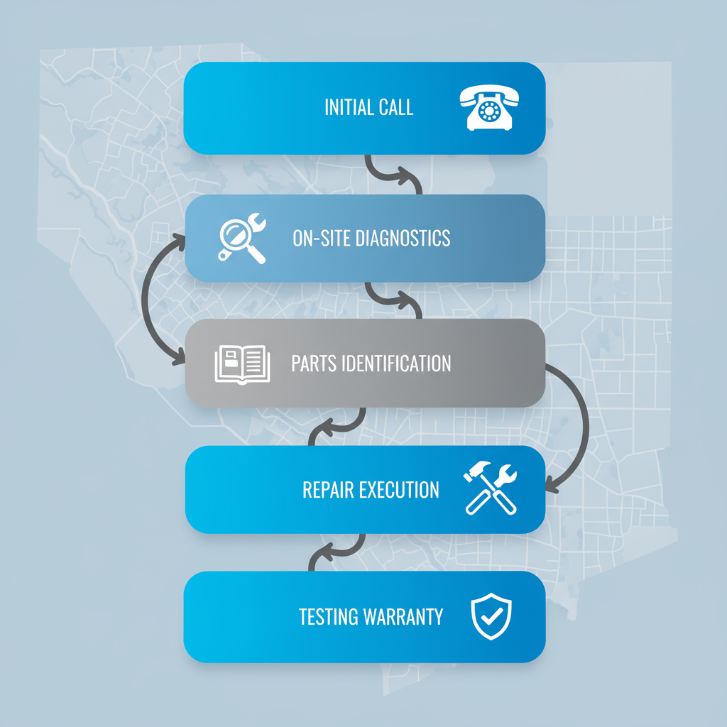 Vertical process flow diagram showing five stages of Viking appliance repair service