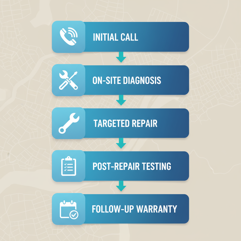 Visual diagram of the five-step Viking refrigerator repair process including dispatch, diagnosis, repair, testing, and follow-up