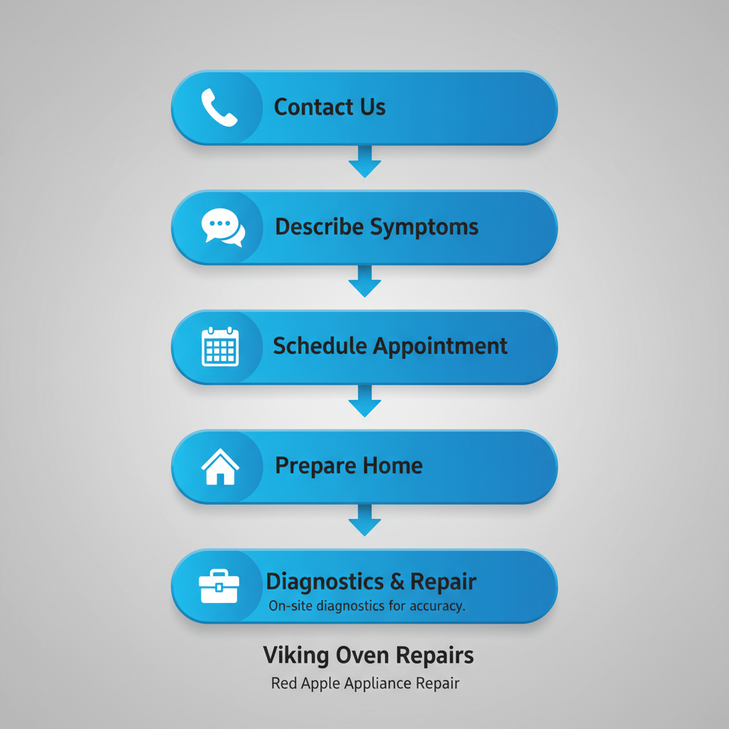 Vertical process flow diagram showing five steps to start Viking oven repair service with icons and labels