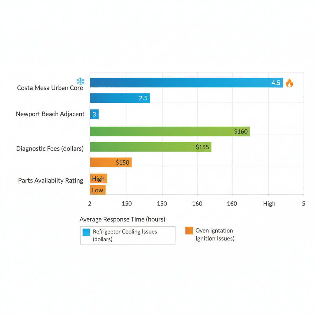 Horizontal bar chart comparing Viking appliance repair metrics including response time, fees, and parts availability across Costa Mesa neighborhoods with icons for common issues.