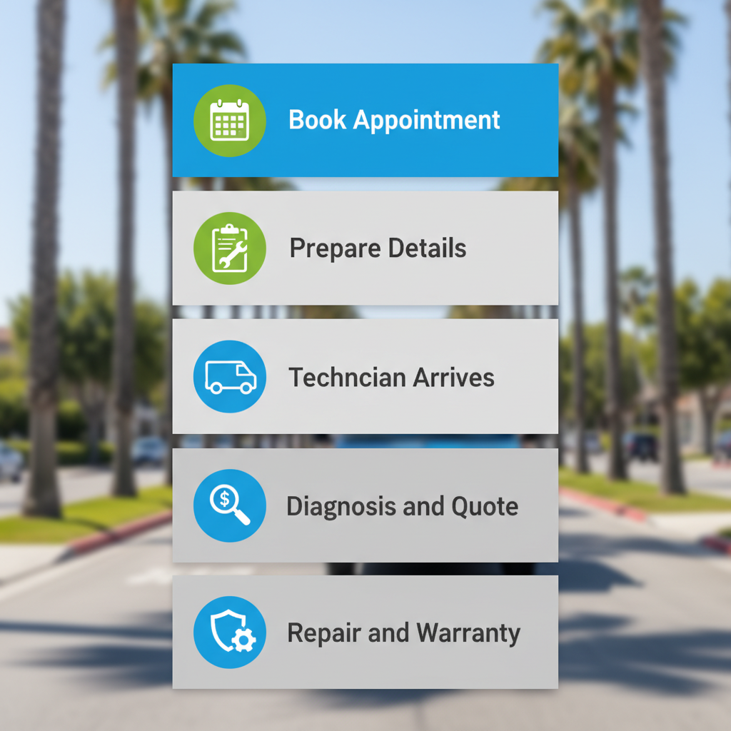 Vertical flowchart illustrating the five-step process for initiating Viking appliance repairs in Costa Mesa, from booking to warranty completion