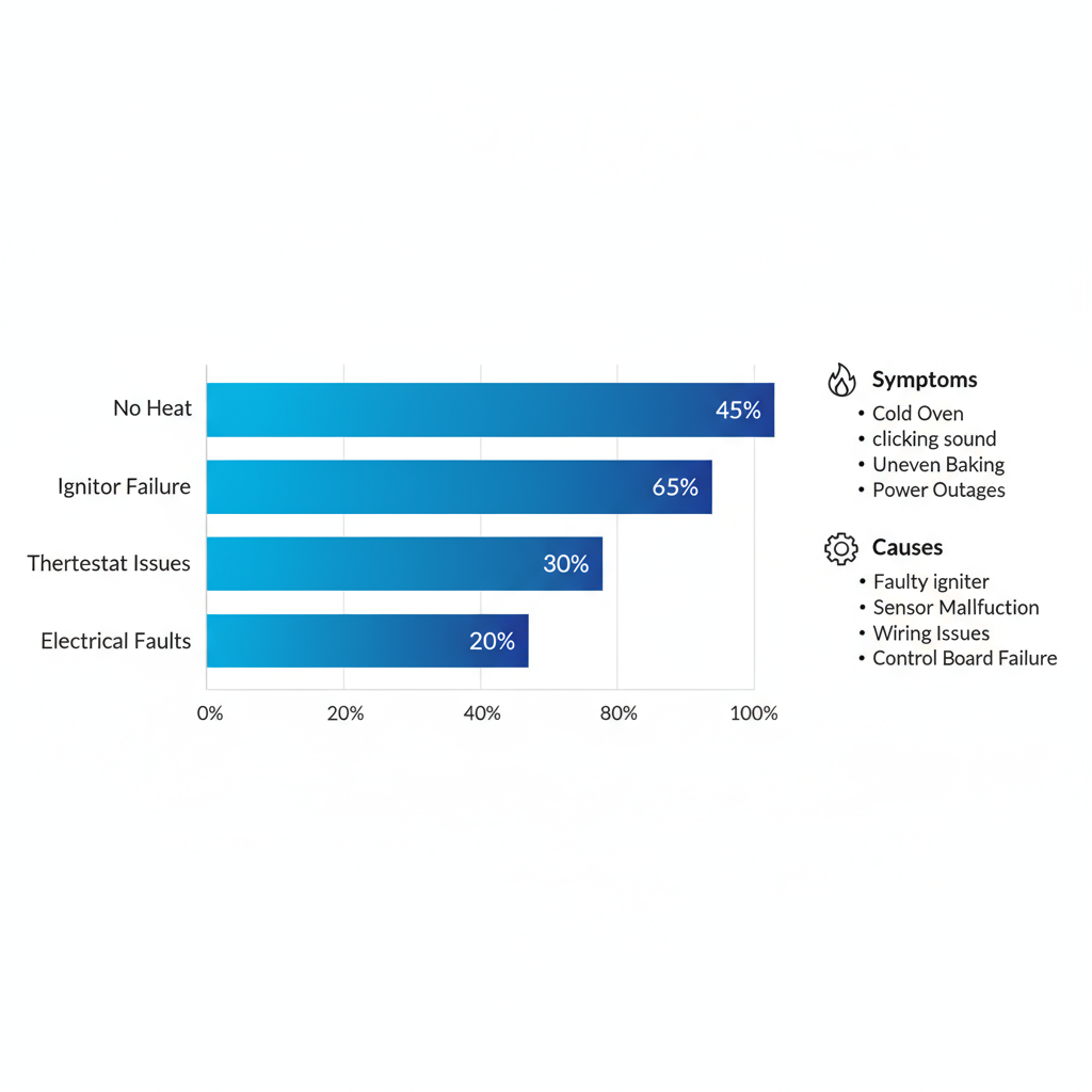 Bar chart depicting frequency percentages of common Viking oven issues including no heat, ignitor failure, thermostat problems, and electrical faults in Orange County