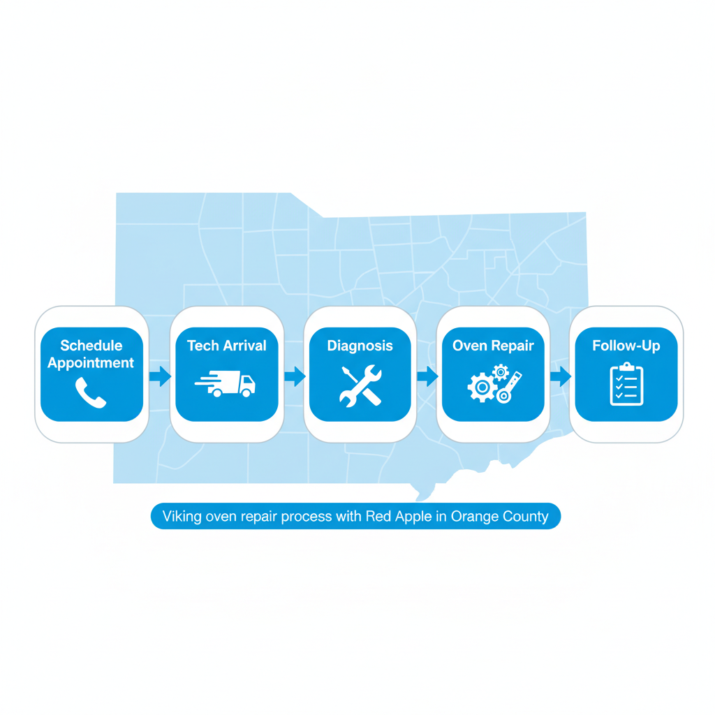 Horizontal flowchart illustrating the five-step Viking oven repair process with Red Apple Appliance Repair, including icons for each stage.