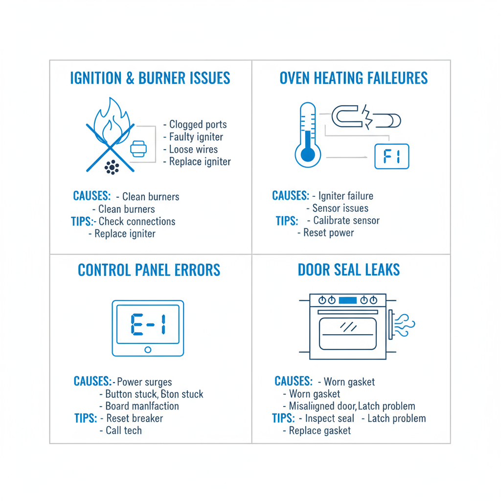 Infographic showing common Viking range issues including ignition problems, oven heating failures, control panel errors, and door seal leaks with troubleshooting tips