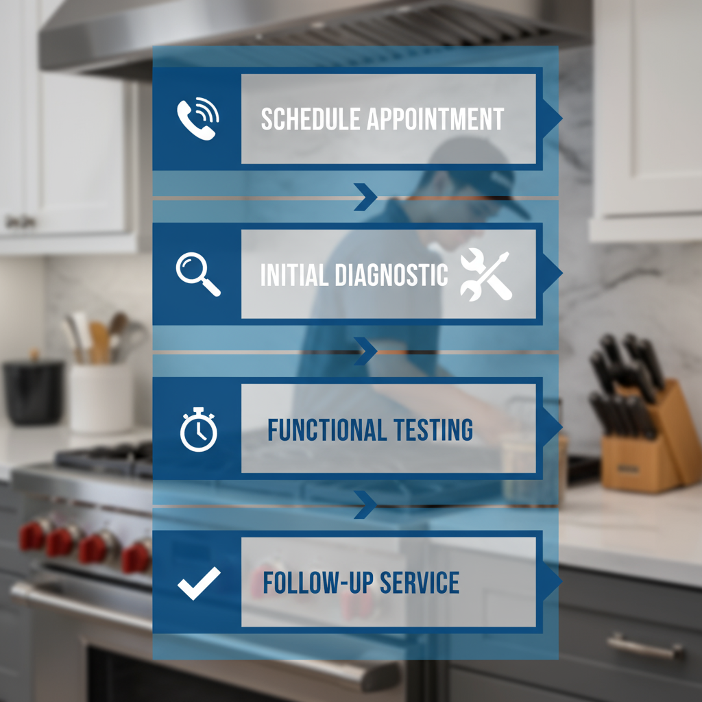 Vertical process flow diagram illustrating the five steps of Viking range repair service by Red Apple in Clovis