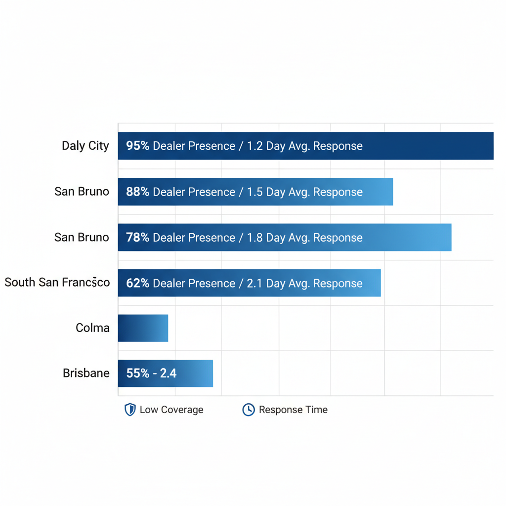 Bar chart comparing Viking appliance service dealer presence and response times in Bay Area locations including Daly City
