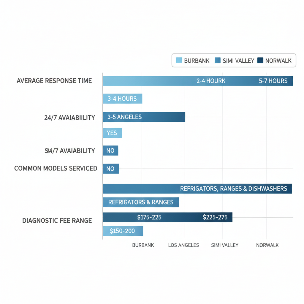 Horizontal bar chart comparing Viking appliance repair metrics including response time, availability, models, and fees across Burbank, Los Angeles, Simi Valley, and Norwalk areas