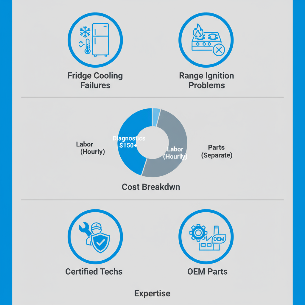Infographic showing Viking appliance common issues, repair costs breakdown, and expertise highlights for Burbank area